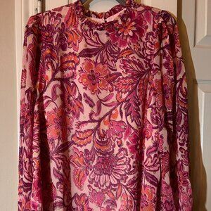 Women's Sheer Floral Blouse - Pink & Berry Tones - Long Sleeve - Large